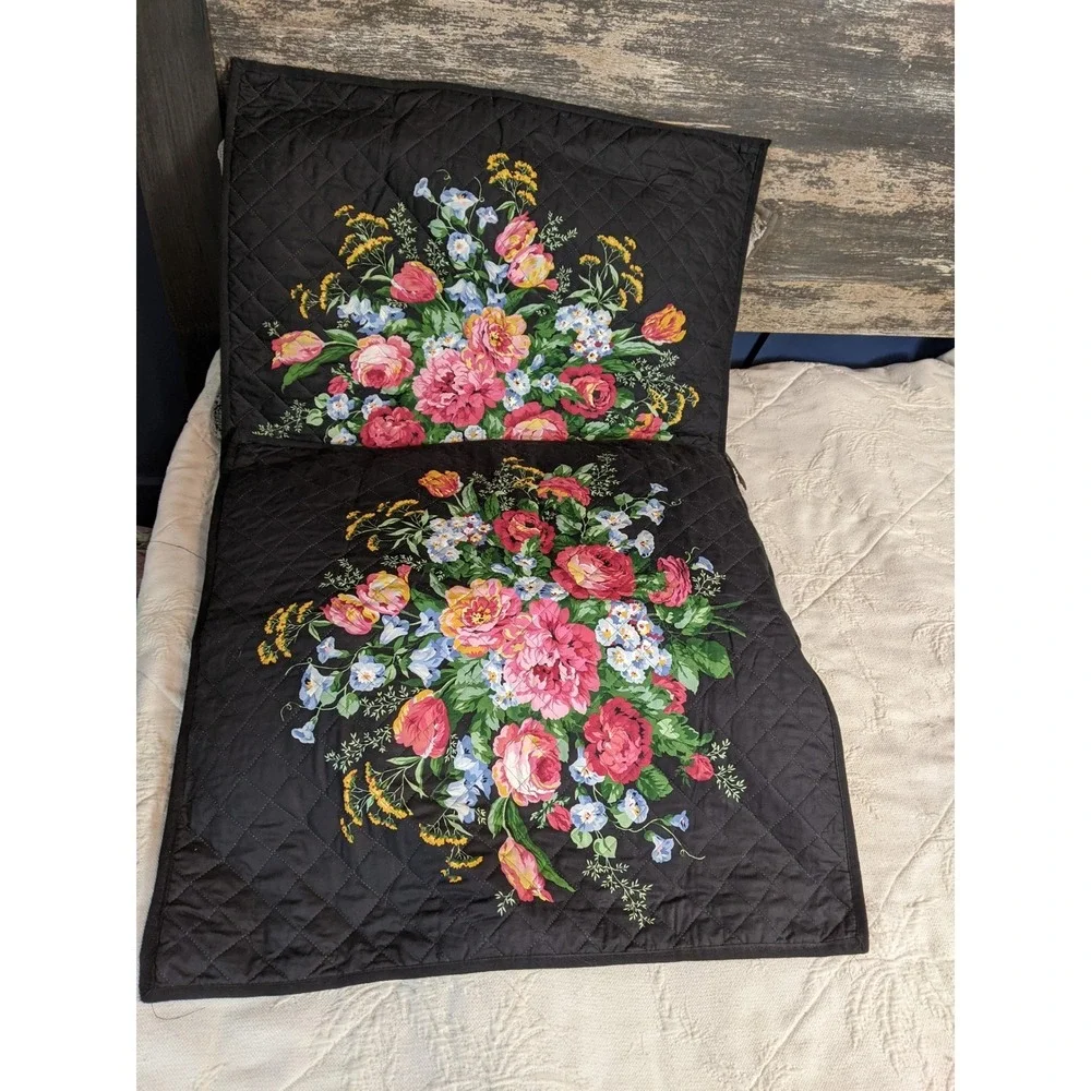 Ralph Lauren Cossette Black Floral Quilted Pillow Shams Set of 2 Cotton 26x26